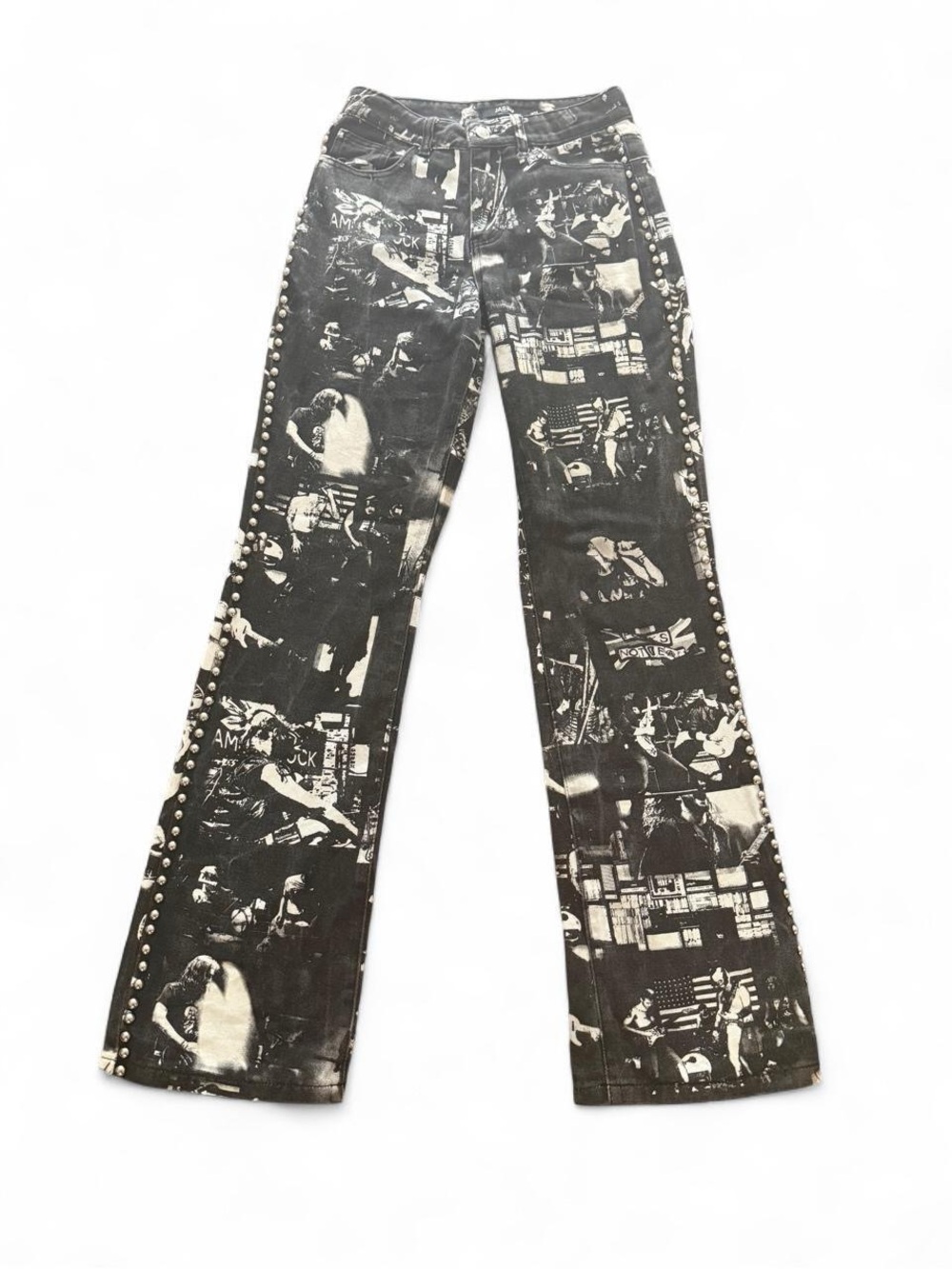 Jaded London Black & White Photo Print Flare Jeans with Stud Trim